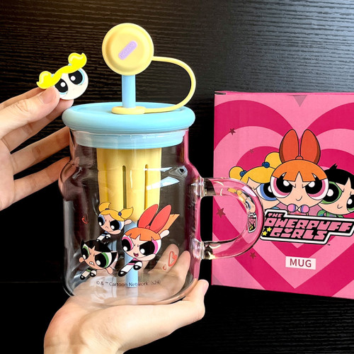 飛天小女警玻璃杯子女生高顔值2025新款吸管水杯泡茶分離夏日