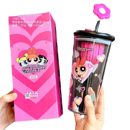 飛天小女警玻璃杯子女生高顔值2025新款吸管水杯泡茶分離夏日