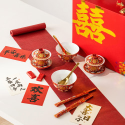 琺瑯彩新婚碗筷套裝中式陪嫁茶具紅色蓋碗結婚改口喜茶杯結婚禮物