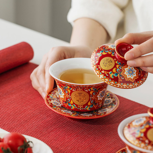 琺瑯彩新婚碗筷套裝中式陪嫁茶具紅色蓋碗結婚改口喜茶杯結婚禮物