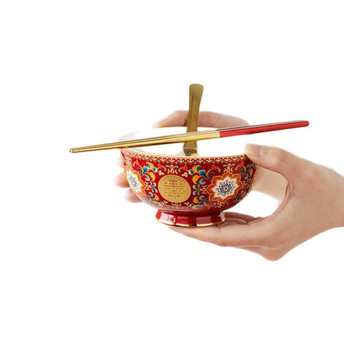 琺瑯彩新婚碗筷套裝中式陪嫁茶具紅色蓋碗結婚改口喜茶杯結婚禮物