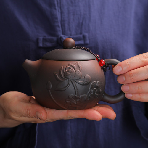 雲南紫陶泡茶壺雕花紫砂手工井欄石瓢壺陶瓷大號單壺功夫茶具簡約