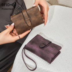 新款RFID女士錢包軟皮純色三折短款錢夾時尚拉鍊搭釦零錢包
