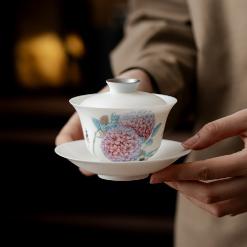 黃旭東羊脂玉瓷蓋碗薄胎三才蓋碗帶蓋茶杯陶瓷功夫茶具泡茶碗高檔