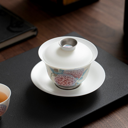 黃旭東羊脂玉瓷蓋碗薄胎三才蓋碗帶蓋茶杯陶瓷功夫茶具泡茶碗高檔