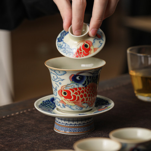 龍魚馬蹄三才蓋碗茶杯套裝個人專用不燙手泡茶碗高檔茶具三件套
