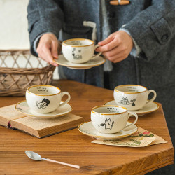 可愛卡通治瘉插畫日式貓咪陶瓷咖啡杯碟下午茶拿鐵杯拉花杯高級感