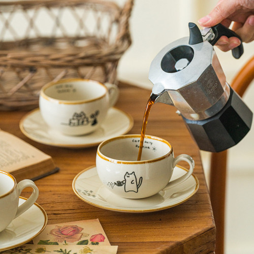 可愛卡通治瘉插畫日式貓咪陶瓷咖啡杯碟下午茶拿鐵杯拉花杯高級感