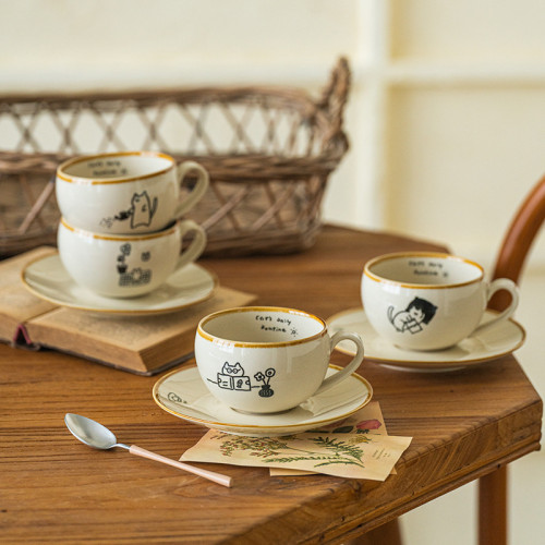 可愛卡通治瘉插畫日式貓咪陶瓷咖啡杯碟下午茶拿鐵杯拉花杯高級感