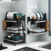 廚房多功能卡釦式多層碗碟收納架壁掛落地台面免打孔瀝水碗置物架