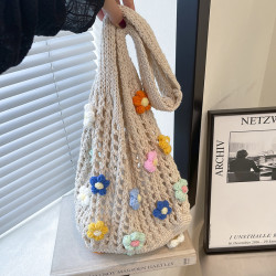 大容量通勤高級感花朵托特包女2025新款夏季鏤空針織包單肩編織包