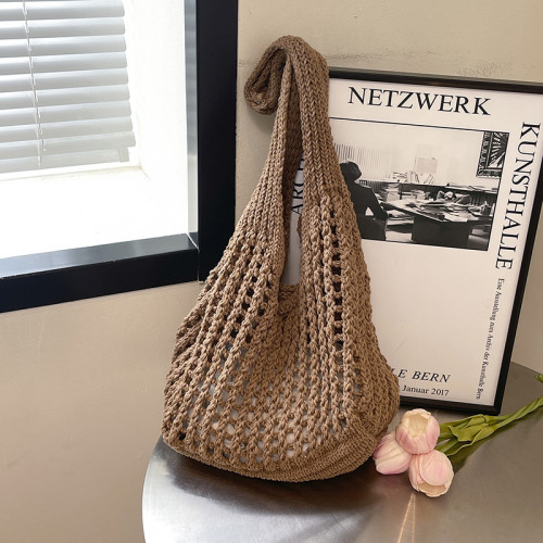 大容量通勤高級感花朵托特包女2025新款夏季鏤空針織包單肩編織包