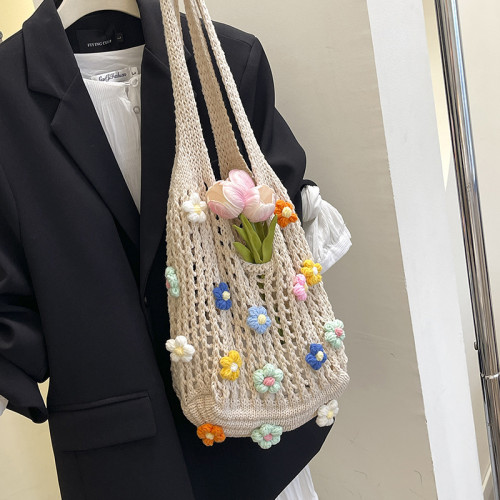 大容量通勤高級感花朵托特包女2025新款夏季鏤空針織包單肩編織包