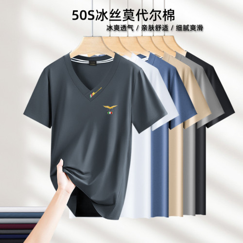 夏季大V領短袖男士T恤高品質莫代爾冰絲透氣速乾上衣服男裝半袖潮