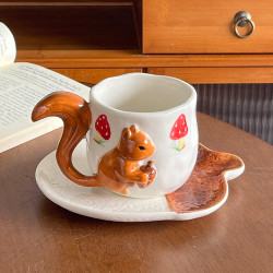 可愛高顔值馬克杯浮雕松鼠陶瓷杯創意杯子早餐牛奶杯咖啡杯