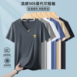 夏季2025新款男士短袖T恤v領上衣速乾高檔涼感體恤莫代爾男裝