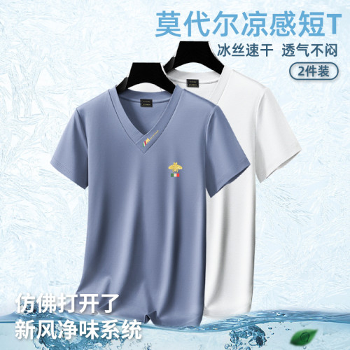 夏季2025新款男士短袖T恤v領上衣速乾高檔涼感體恤莫代爾男裝