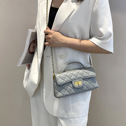 2025新款夏天百搭女士斜背小方包 頭層羊皮單肩菱格小香風鏈條包