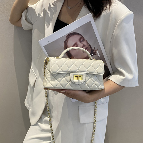 2025新款夏天百搭女士斜背小方包 頭層羊皮單肩菱格小香風鏈條包