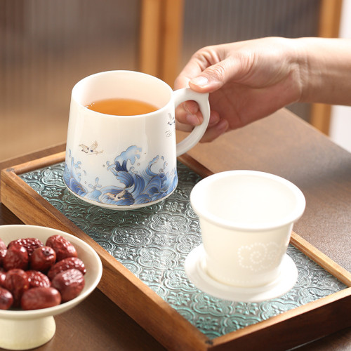 國潮風三件套帶過濾陶瓷馬克杯辦公室茶水分離杯商務節慶禮品杯子