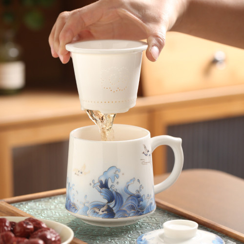國潮風三件套帶過濾陶瓷馬克杯辦公室茶水分離杯商務節慶禮品杯子