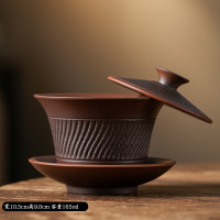 紫陶跳刀懸停三才蓋碗全手工功夫茶具茶碗家用紫砂大號單個泡茶碗