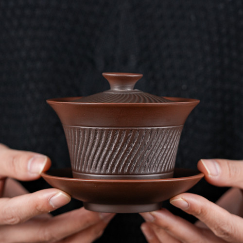 紫陶跳刀懸停三才蓋碗全手工功夫茶具茶碗家用紫砂大號單個泡茶碗
