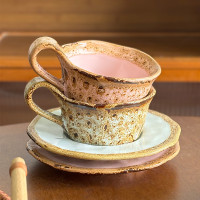 新款馬卡龍創意小衆粗陶咖啡杯碟高級感美式拿鐵杯復古窰變咖啡杯