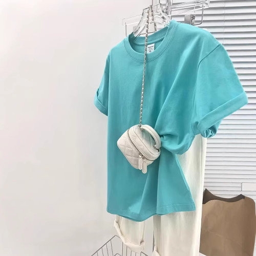 天藍純棉短袖t恤女韓版2025夏季新款設計感小衆寬松百搭時尚上衣