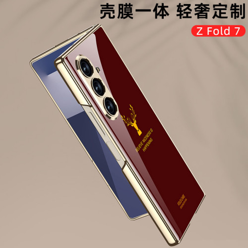 適用三星Fold7手機殼創意殼膜一體電鍍玻璃彩繪全包防摔保護套gkk