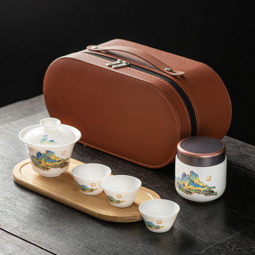 羊脂玉白瓷旅行功夫茶具套裝戶外可攜式簡約泡茶壺陶瓷茶具禮盒