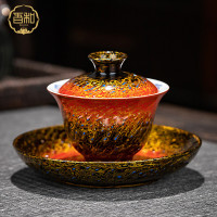 天然漆器茶具福州大漆漸變紅螺鈿大容量不燙手三才蓋碗手繪泡茶碗