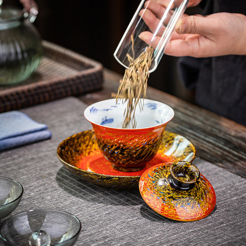 素緣漆器茶具福州大漆漸變紅螺鈿大容量不燙手三才蓋碗手繪泡茶碗