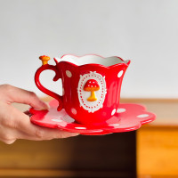 紅蘑菇高顔值咖啡杯碟套裝釉下彩陶瓷水杯花邊小清新拿鐵杯咖啡杯