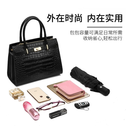 鱷魚紋牛皮斜後背包女士手提包大容量高級感真皮凱麗包
