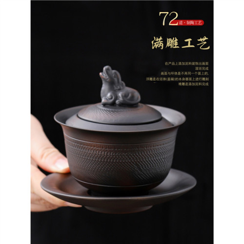 復古風紫陶堆雕茶壺家用高檔陶瓷功夫茶具大容量手抓壺泡茶壺單壺