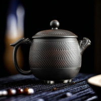 原礦紫陶茶壺手工雕刻龍把秦權壺大容量大寬口龍頭復古家用泡茶壺