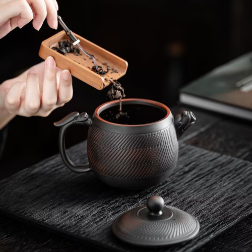 原礦紫陶茶壺手工雕刻龍把秦權壺大容量大寬口龍頭復古家用泡茶壺