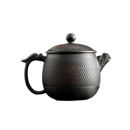 原礦紫陶茶壺手工雕刻龍把秦權壺大容量大寬口龍頭復古家用泡茶壺
