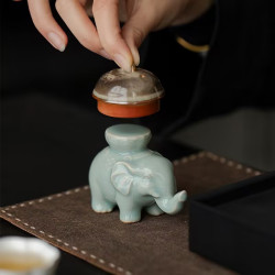 汝窰吉象蓋置茶寵茶台家用手工茶器擺件蓋碗紫砂壺蓋托小象禮物
