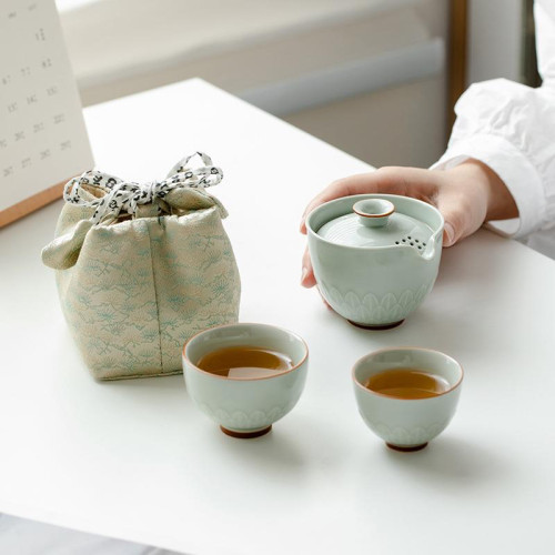 青瓷蓮瓣戶外旅行茶具快客杯套裝可攜式包一壺二杯單人功夫泡茶 青瓷蓮瓣戶外旅行茶具快客杯套裝可攜式包一壺二杯單人功夫泡茶