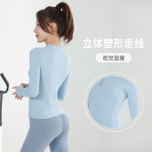 聚衣堂半拉鍊瑜伽服運動上衣裸感長袖拇指口跑步健身t恤女