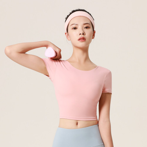 裸感美背交叉瑜伽服緊身運動上衣帶胸墊彈力短款健身短袖