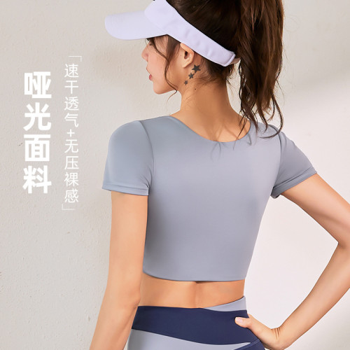 聚衣堂裸感露臍瑜伽服女運動瑜伽短袖帶胸墊拼色健身服上衣