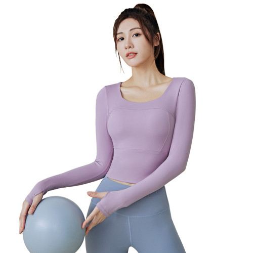 蜜桃拼接瑜伽服上衣緊身高彈顯瘦裸感免穿文胸健身短袖女