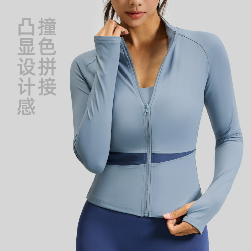 聚衣堂蜜桃拼色瑜伽外套裸感運動上衣高領顯瘦透氣健身服女