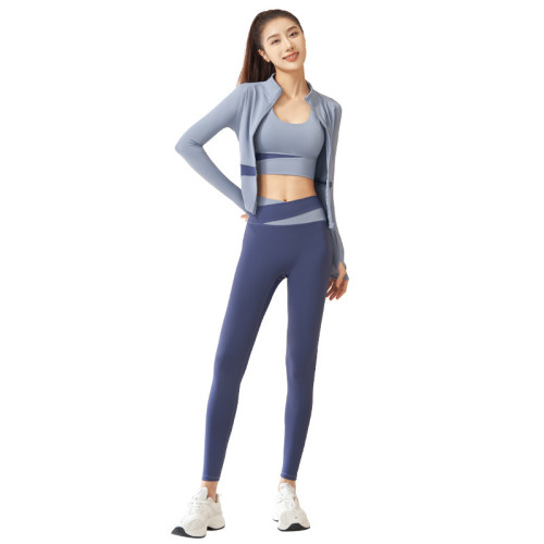 聚衣堂拼色三件套瑜伽服瑜伽套裝跑步束腰顯瘦修身健身套裝