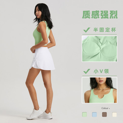 FPS中強度透氣固定杯運動內衣女夏季羅紋瑜伽文胸V領跑步健身背心