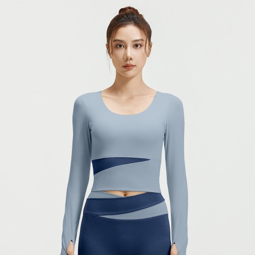 聚衣堂蜜桃拼色長袖瑜珈服上衣裸感顯瘦運動跑步健身上衣女