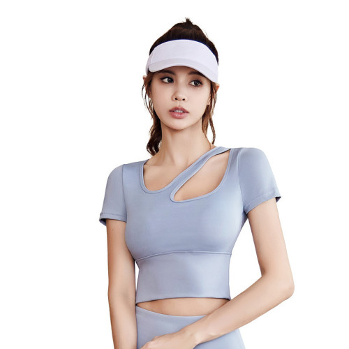 聚衣堂斜肩帶胸墊瑜伽服短袖夏彈力顯瘦健身瑜伽上衣薄款女